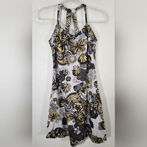Prana Yellow/Black/Gray Quinn Dress Gravel Flower Power Hippie Active Flowy, S